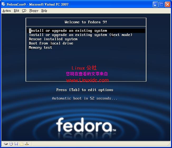 在Virtual PC 2007虚拟机下安裝Fedora Core 9全程图解