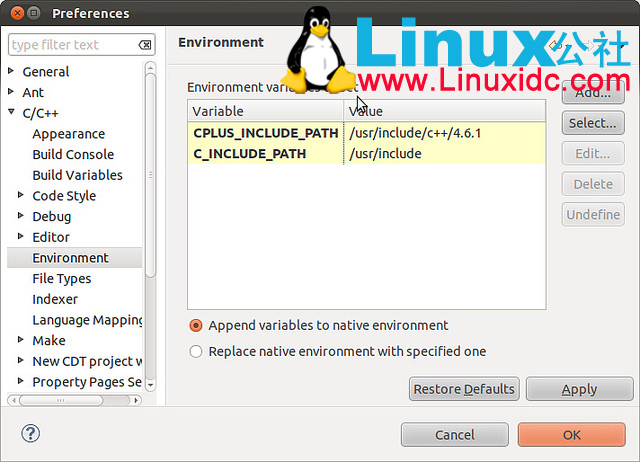 Eclipse CDT配置c++标准库目录(Ubuntu 11.10)