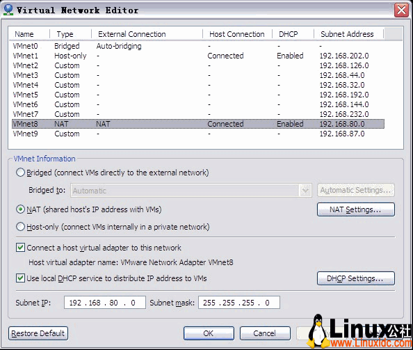 VMware 7下安装RedHat Linux的网络设置方法